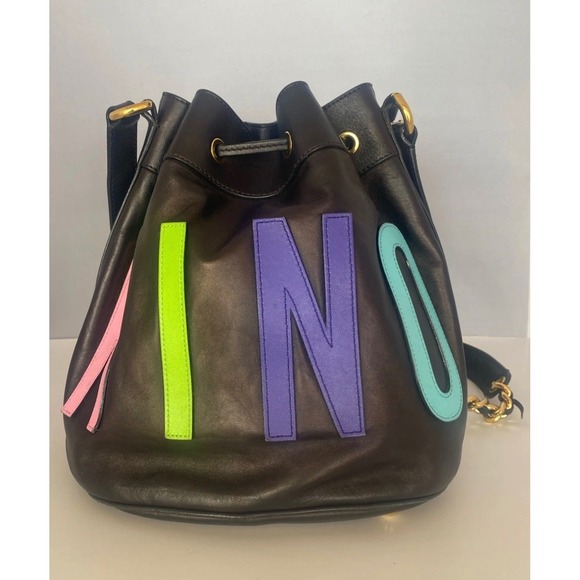 Moschino Bucket Bag Womens Medium Black Multi-Color Excellent Leather Tassel - Picture 2 of 10